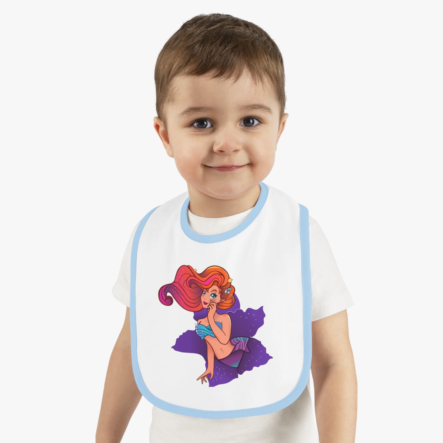 Mermaid Graphic Baby Bib - Cute Contrast Trim Jersey Bib for Feedings
