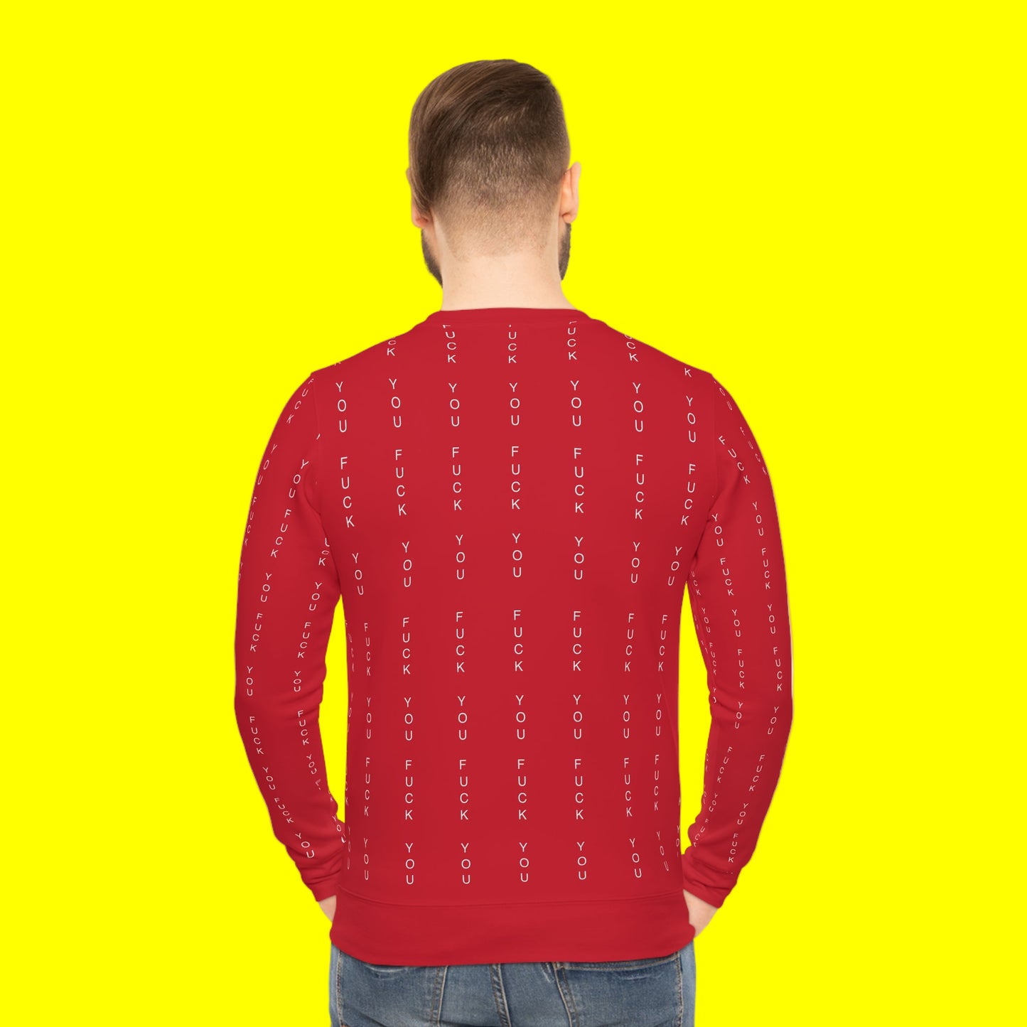 Red long-sleeve shirt with text pattern on a white background