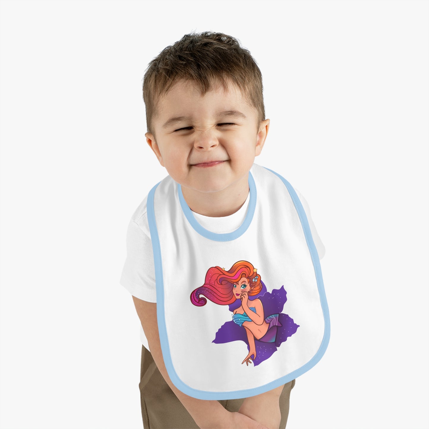 Mermaid Graphic Baby Bib - Cute Contrast Trim Jersey Bib for Feedings