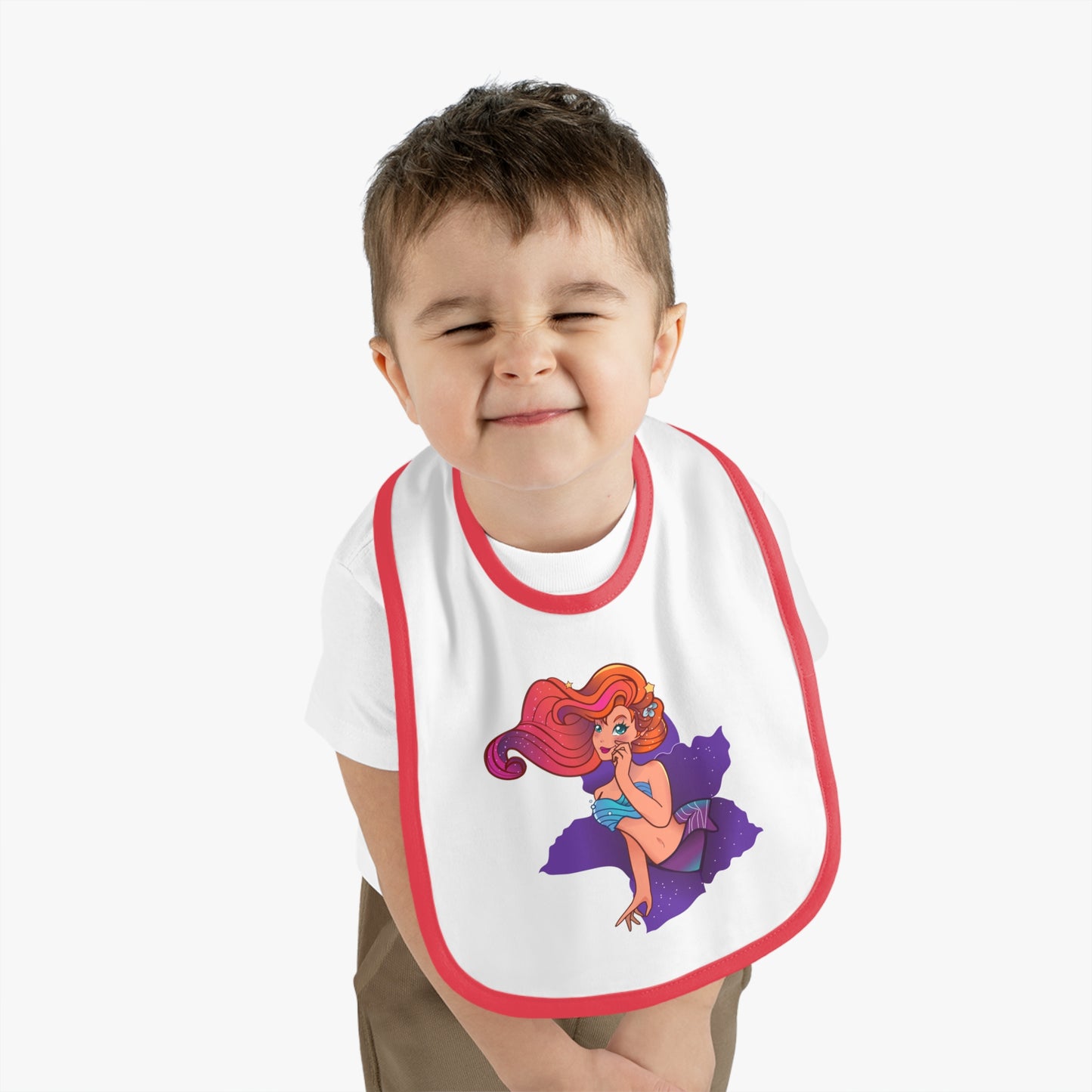 Mermaid Graphic Baby Bib - Cute Contrast Trim Jersey Bib for Feedings