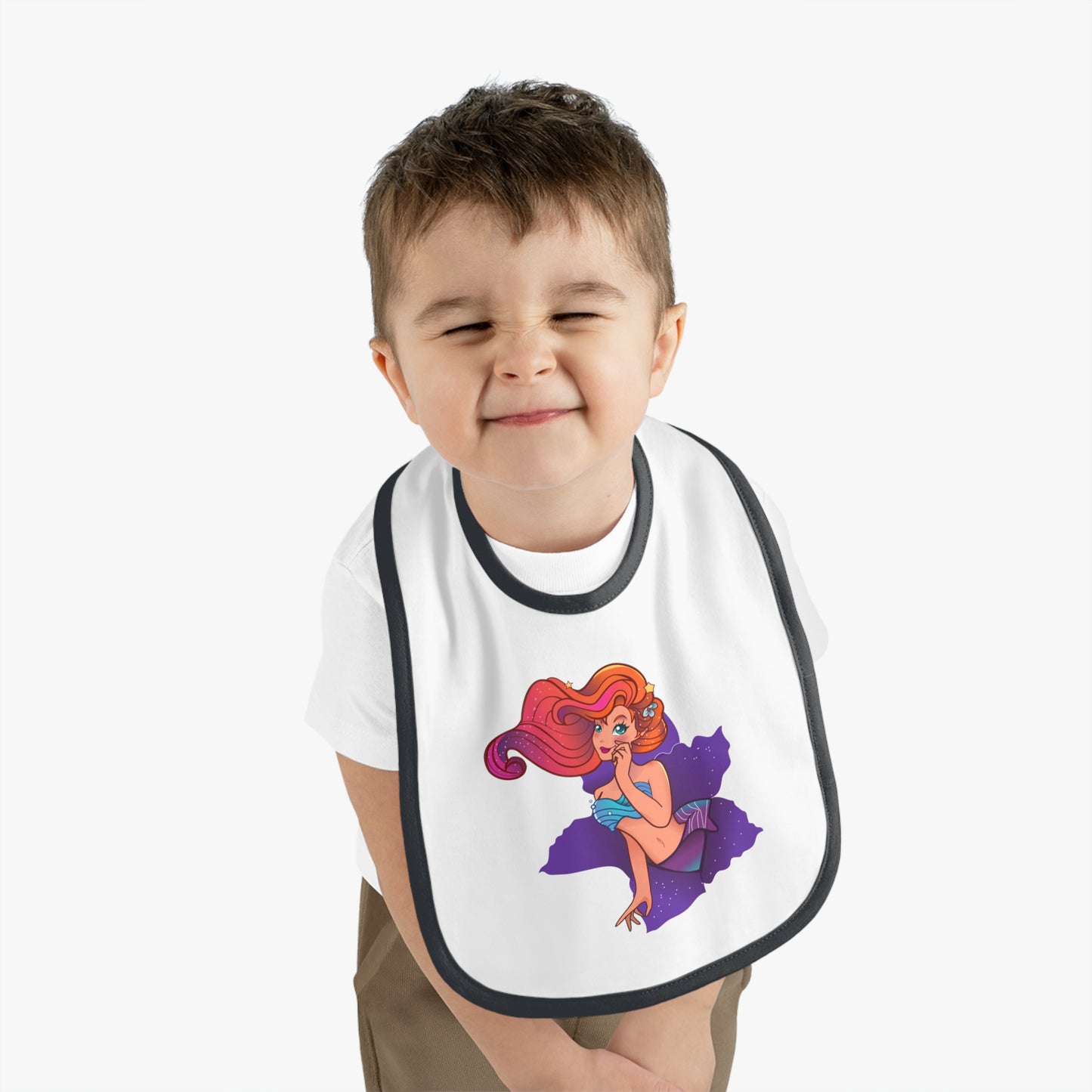 Mermaid Graphic Baby Bib - Cute Contrast Trim Jersey Bib for Feedings