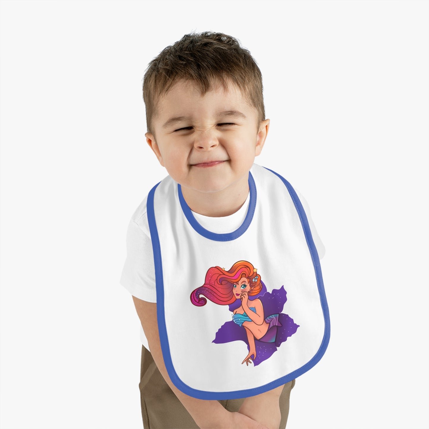 Mermaid Graphic Baby Bib - Cute Contrast Trim Jersey Bib for Feedings