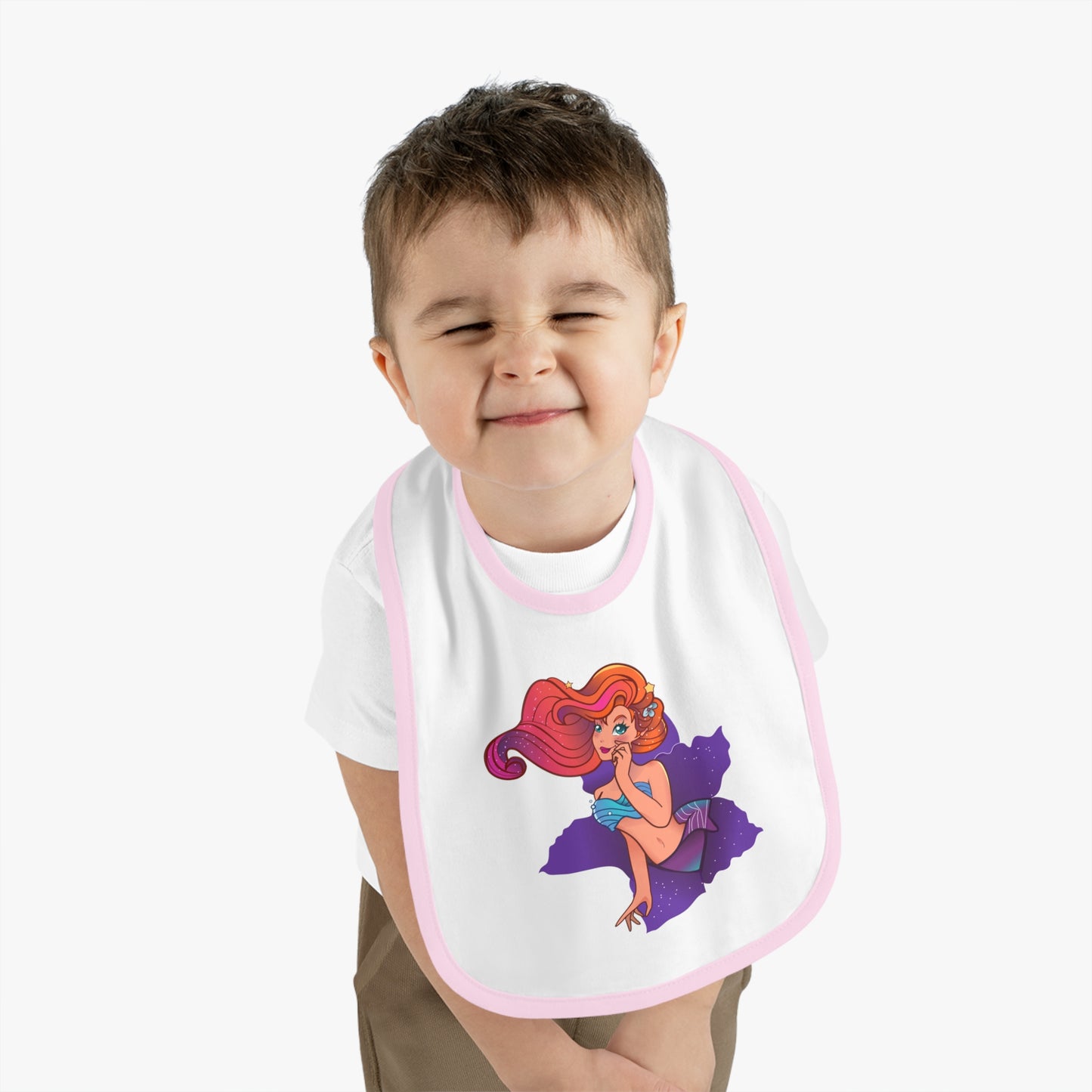 Mermaid Graphic Baby Bib - Cute Contrast Trim Jersey Bib for Feedings