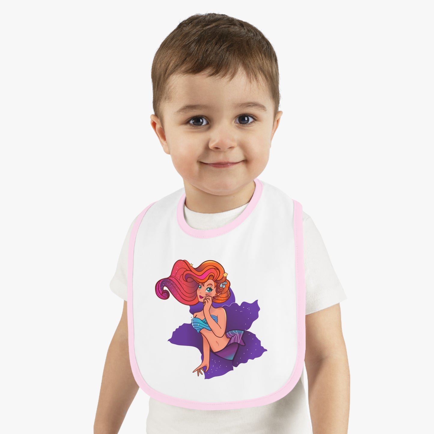 Mermaid Graphic Baby Bib - Cute Contrast Trim Jersey Bib for Feedings