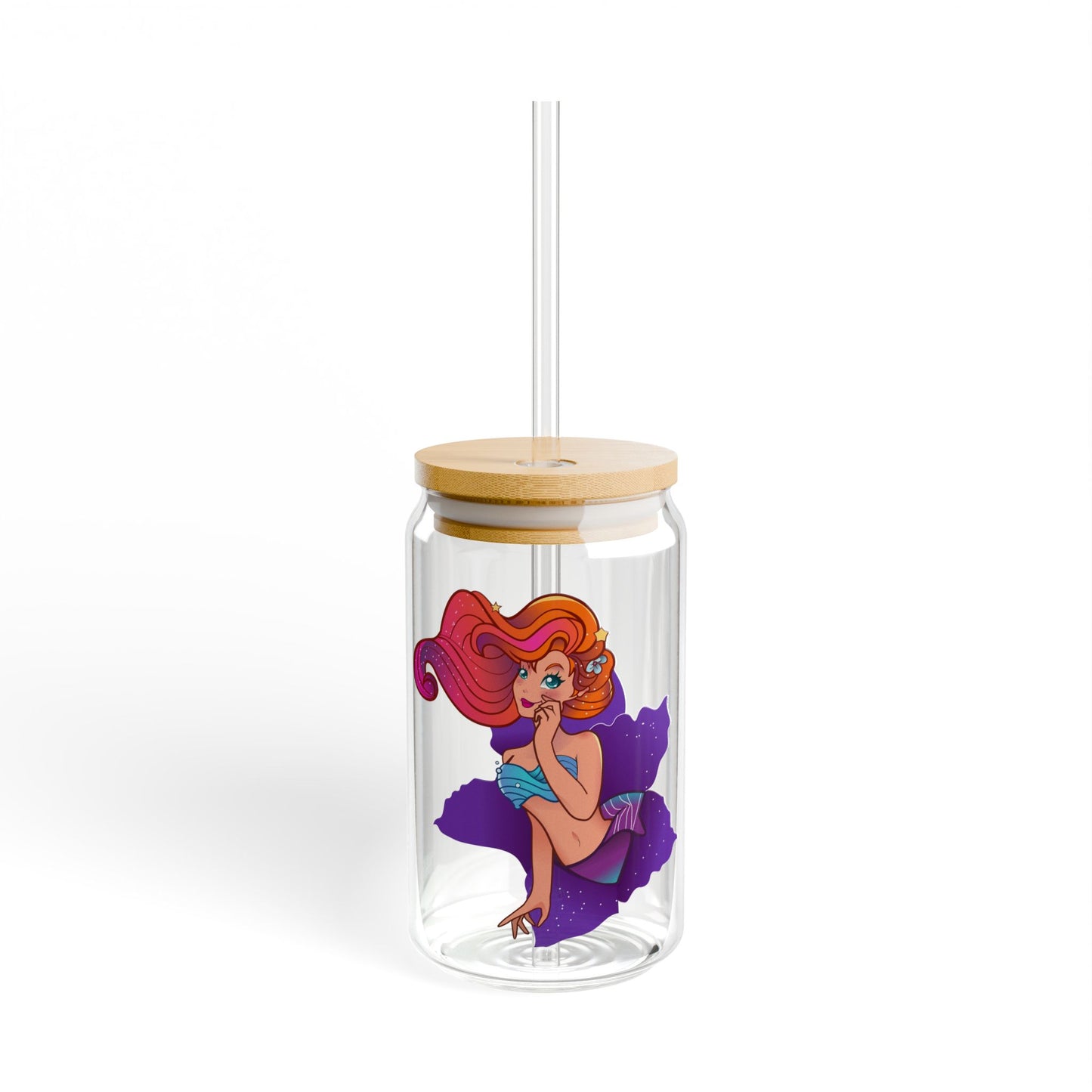 Mermaid Themed Sipper Glass - 16oz with Bamboo Lid and Straw